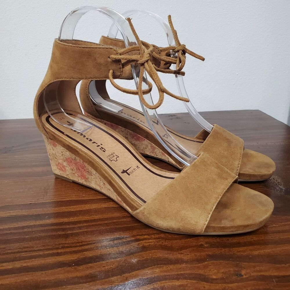 Tamaris Shoes Wedge Sandal Leather Cork Womens 7.5 Lace Up Boho Floral Casual